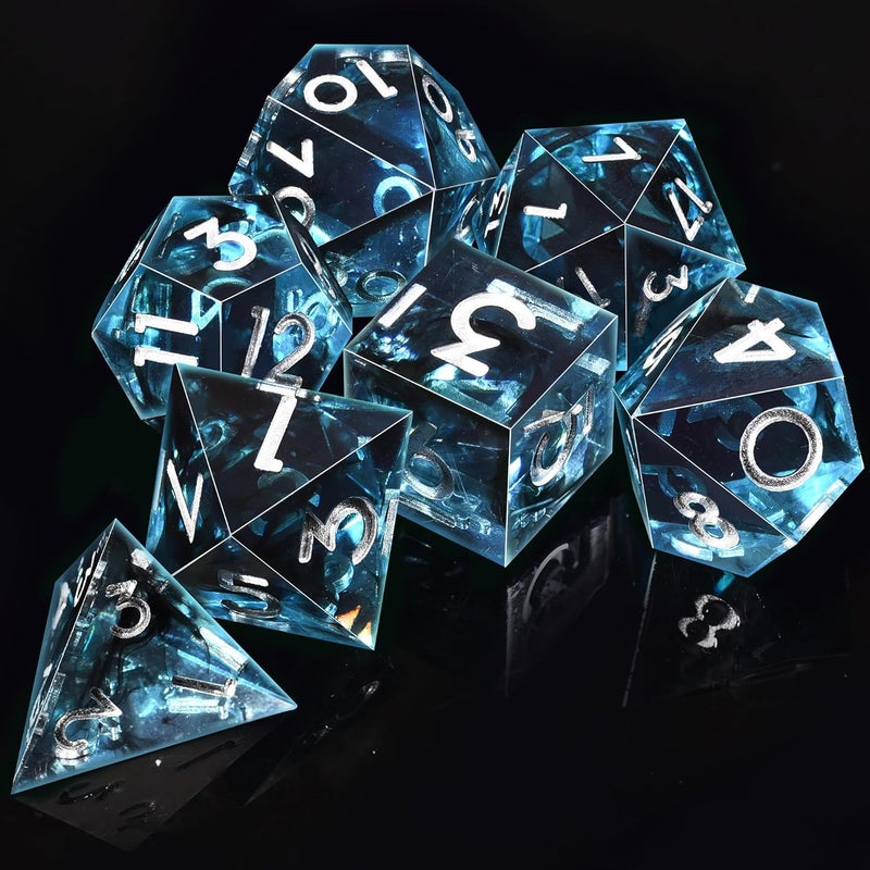 AUSTOR 7-Die DND Dice Set Handmade Sharp Edge Polyhedral Dice for Dungeons and Dragons D&D RPG MTG Table Games (Blue & Black, Silver) - Image 4